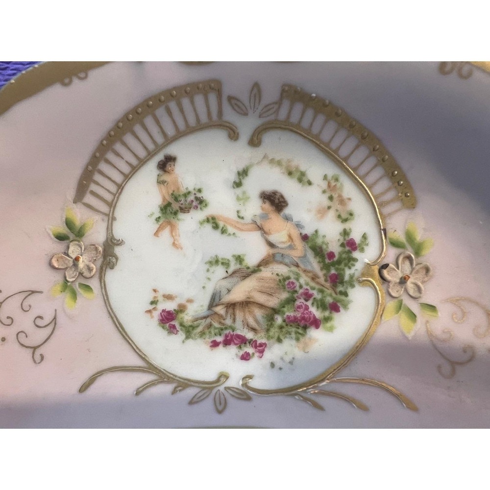 Vintage Ardalt Lenwile Pink Crescent Bone Dish Cherub Floral Gilt Japan
